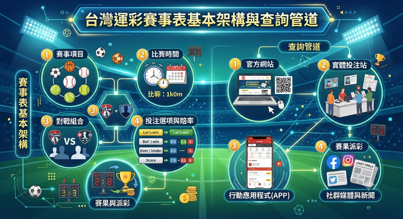 這是一張以「台灣運彩賽事表基本架構與查詢管道」為主題的資訊圖表,採用科技感十足的體育場背景。 畫面清晰呈現了賽事的各項架構細節與多元的官方查詢管道,整體設計專業且易於理解。