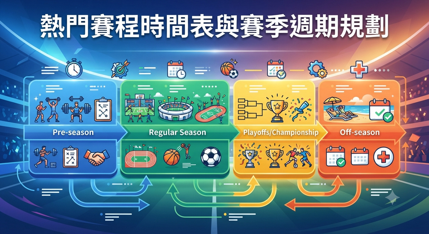 這張圖片展示了體育賽事與賽季週期的完整規劃圖解。 畫面頂部醒目標示著「熱門賽程時間表與賽季週期規劃」的繁體中文標題。