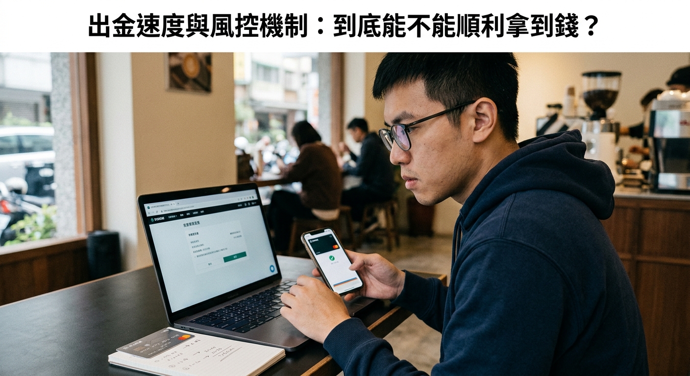圖片中一位男士正在咖啡廳專注地使用筆記型電腦與手機,處理與線上出金及風控相關的財務操作。 上方標題為「出金速度與風控機制:到底能不能順利拿到錢?」,精準呼應主題。