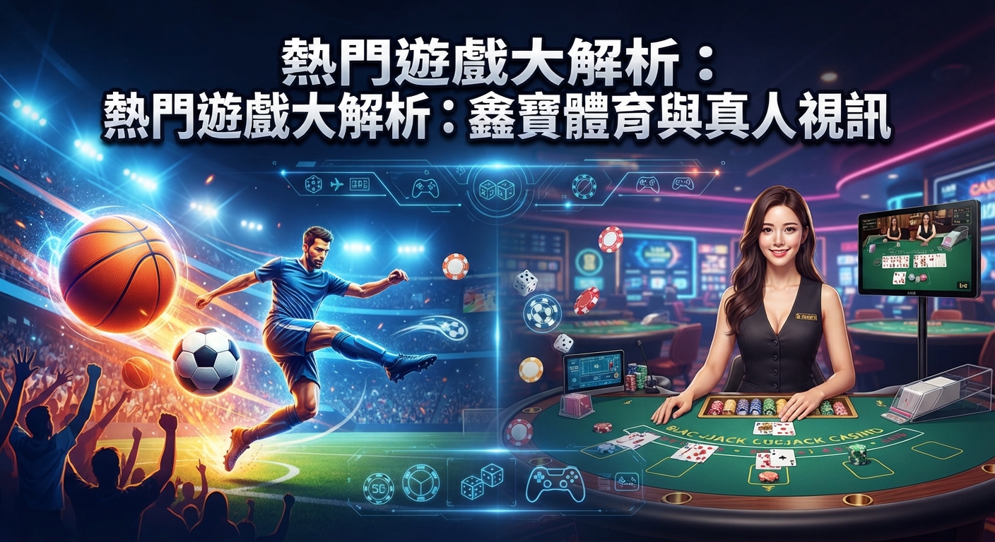 這是一張以「熱門遊戲大解析：鑫寶體育與真人視訊」為主題宣傳圖。 畫面融合了體育賽事元素與真人娛樂賭場的視覺設計。